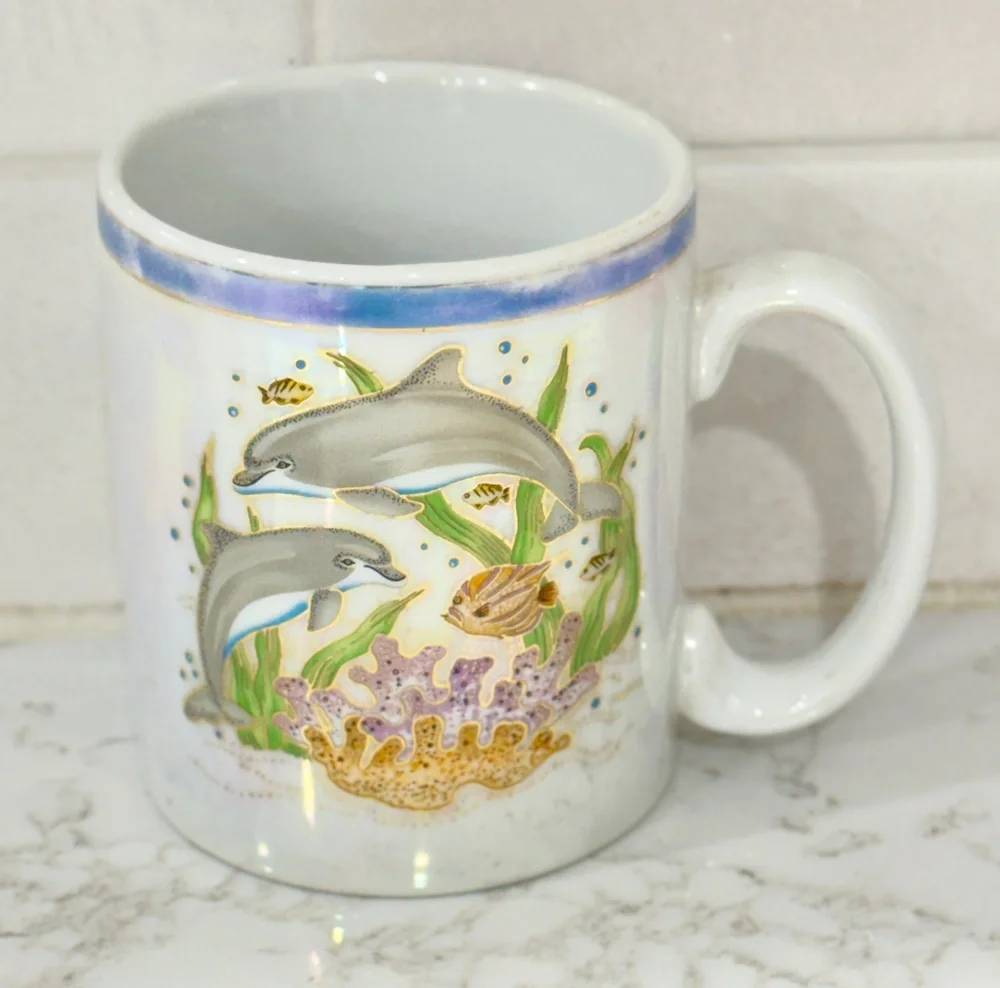 Vintage 80s-90s Dolphin Coffee Cup Mug Iridescent Mother of Pearl Lusterware